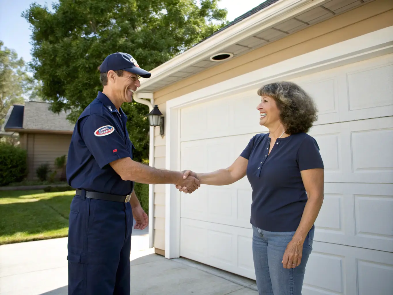 A friendly Doorly Garage Doors technician smiling and shaking hands with a satisfied customer in front of a well-maintained garage door, symbolizing trust and excellent service.