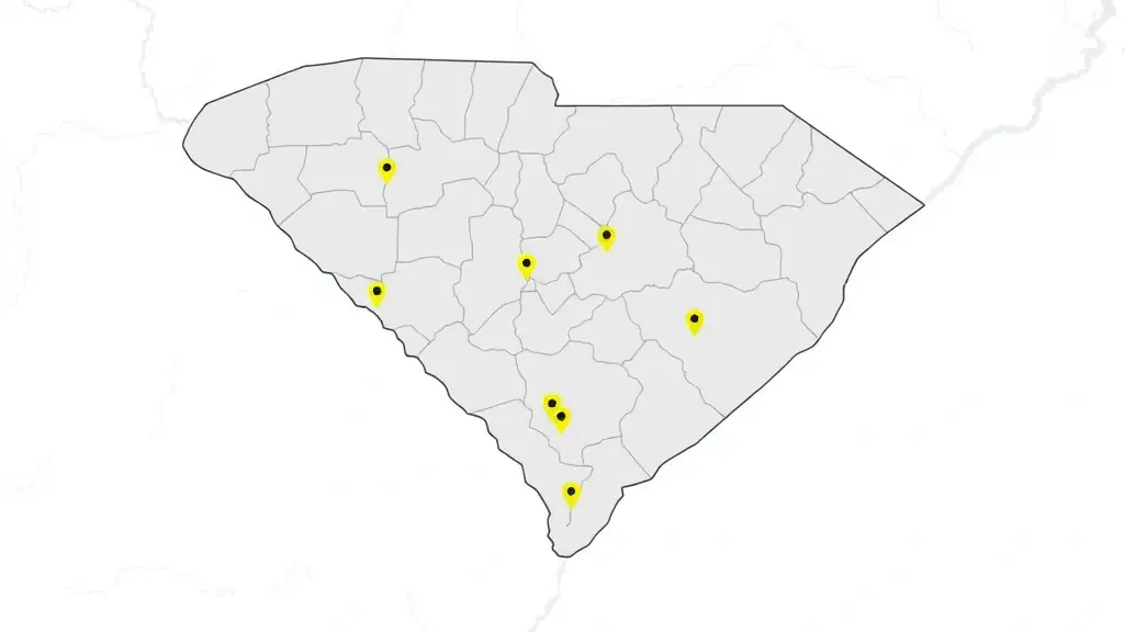 A map of South Carolina highlighting Charleston, Columbia, Greenville, Summerville, and Myrtle Beach as the service areas of Doorly Garage Doors.
