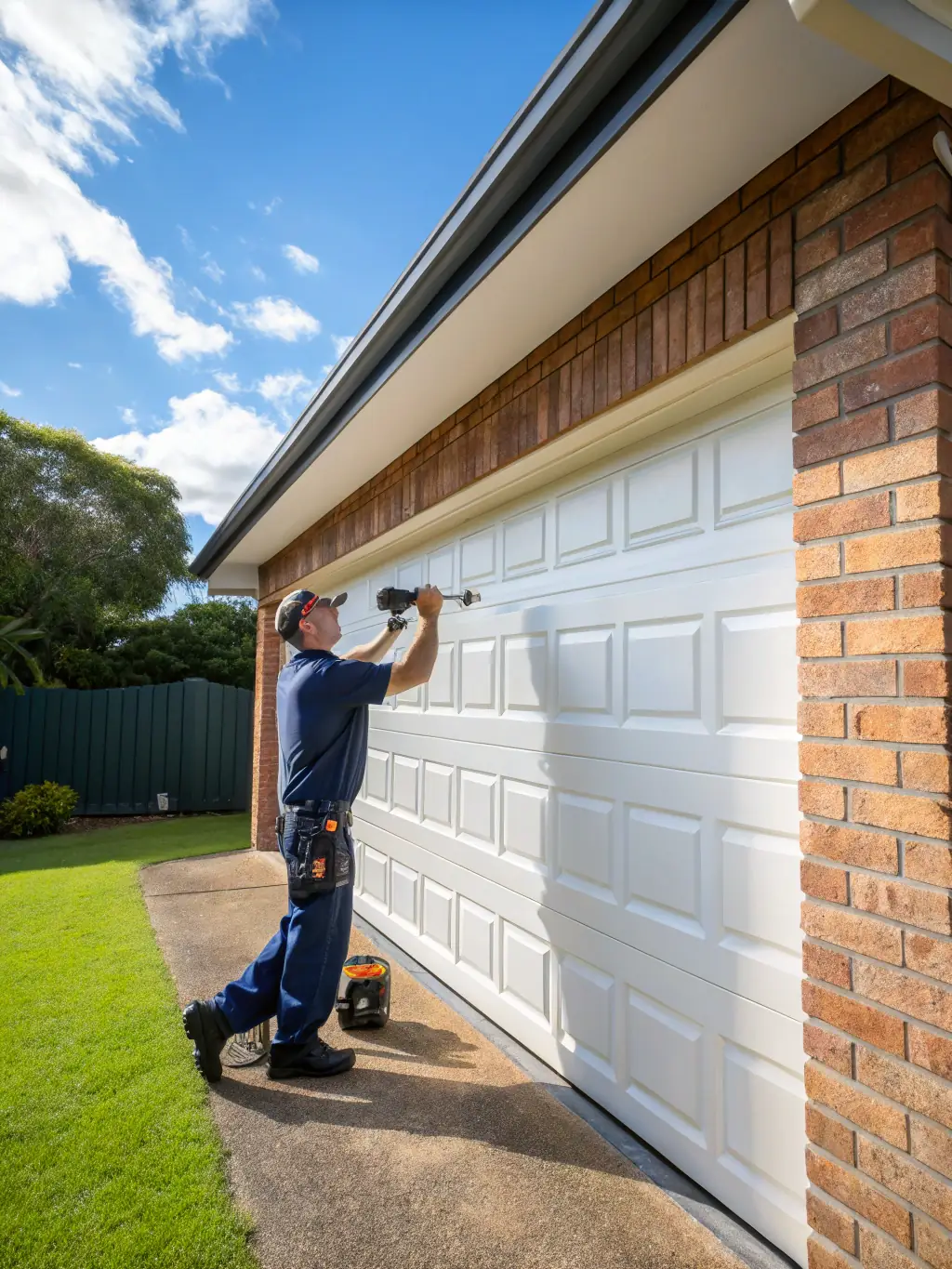 A close-up image of a Doorly Garage Doors technician safely replacing a garage door spring, highlighting the use of high-quality parts and safety equipment in Summerville, SC.
