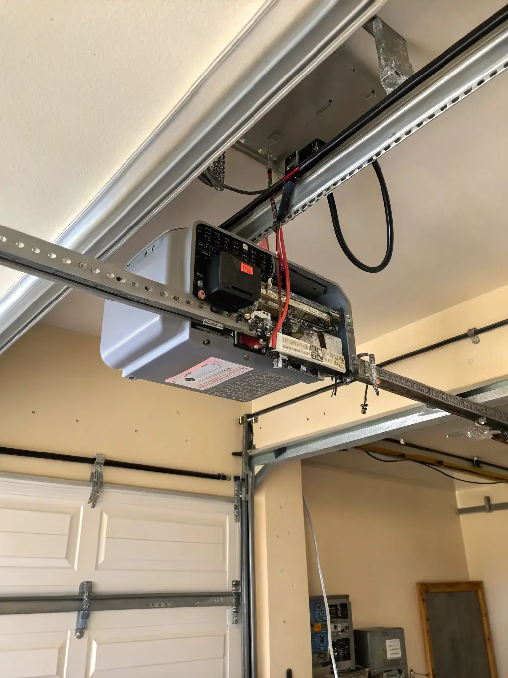 An image featuring a smart garage door opener being installed, with a smartphone displaying the control app, set in a garage in Greenville, SC.