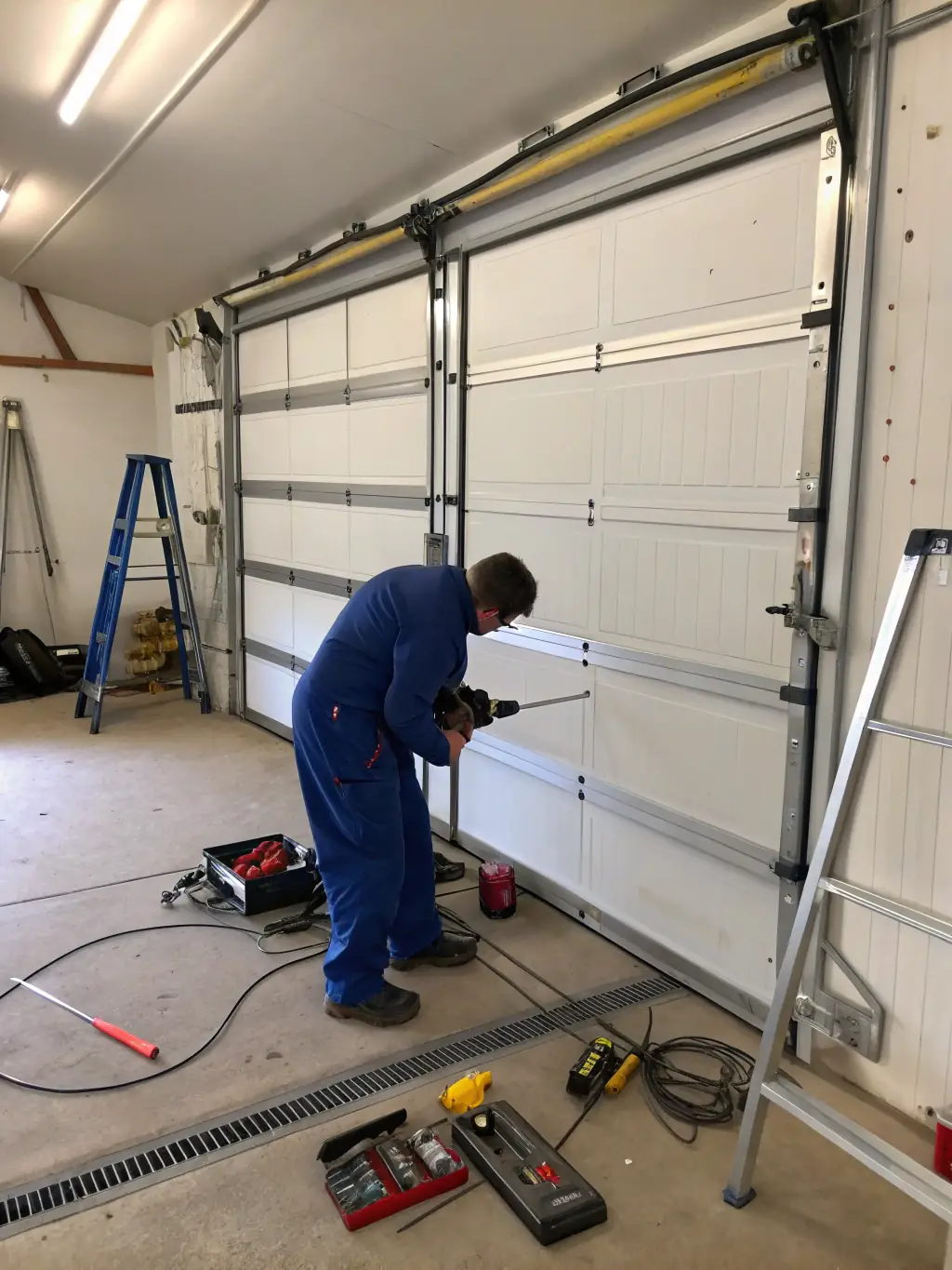 A high-resolution image depicting a Doorly Garage Doors technician expertly repairing a garage door spring, using professional tools and wearing safety gear, set against a suburban home backdrop in Charleston, SC.