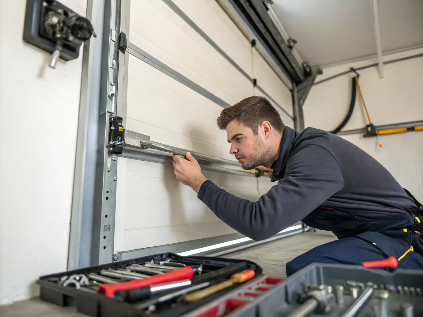 A close-up shot of a Doorly Garage Doors technician using high-quality tools to install a durable garage door spring, emphasizing our commitment to quality and safety.