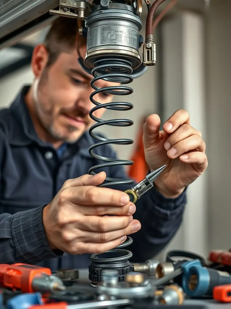 A high-quality photograph showcasing a Doorly Garage Doors technician expertly repairing a garage door spring, with safety equipment visible and a focus on the precision of the repair.
