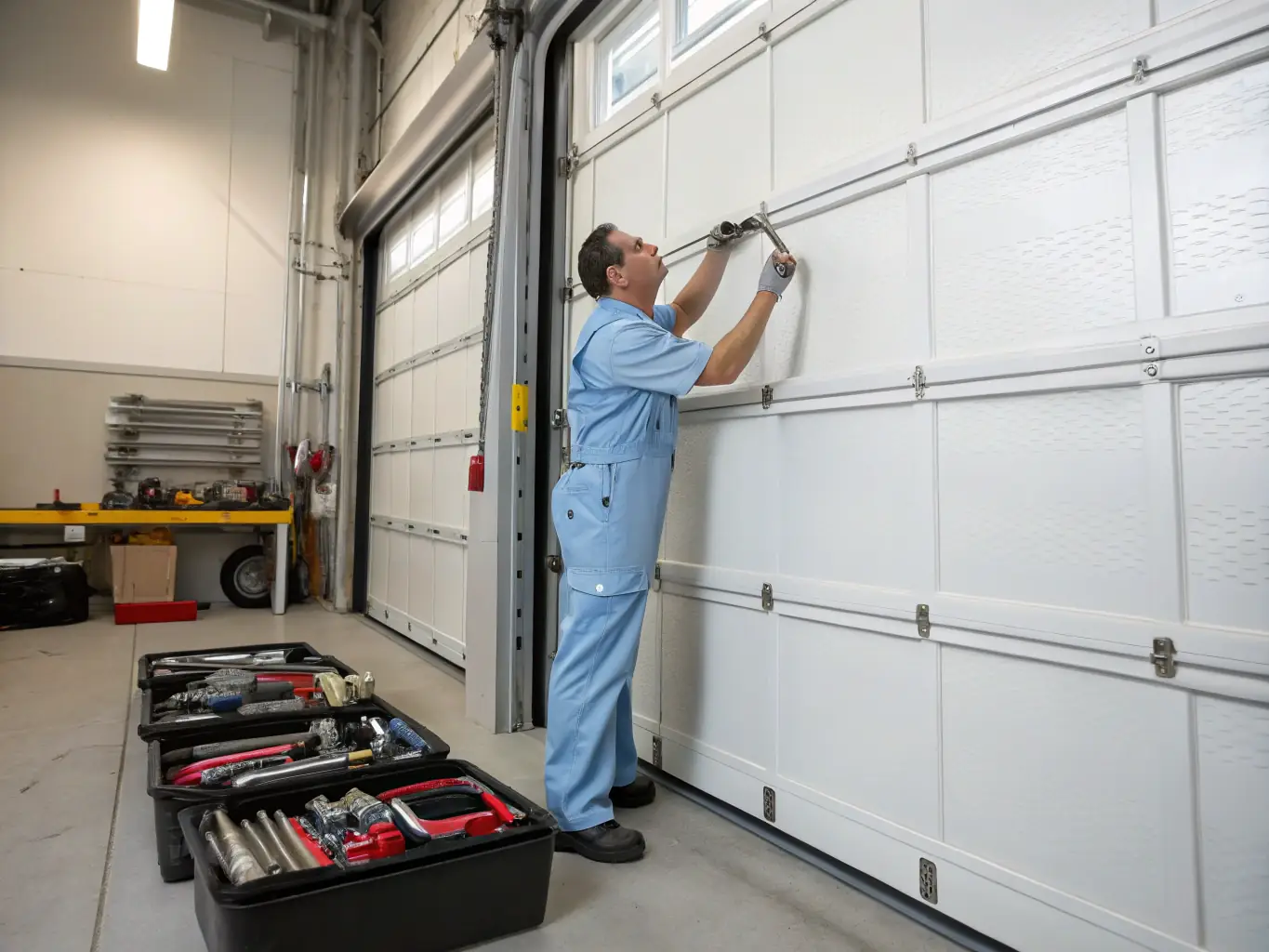 A technician inspecting garage door cables for wear and tear, highlighting the importance of cable maintenance for safe operation. The setting is a well-lit garage interior.