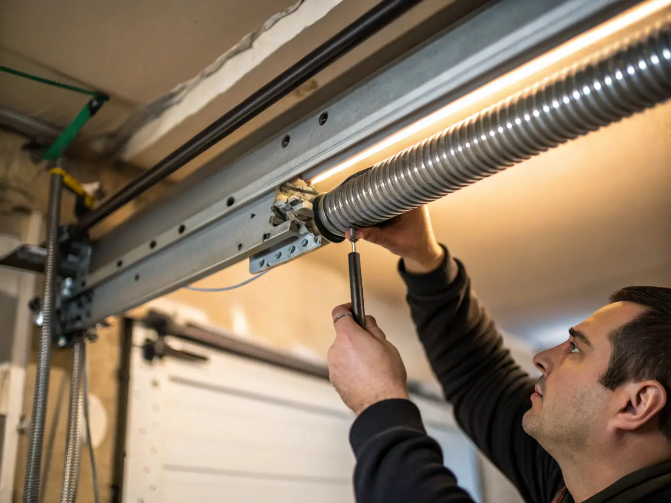 A close-up shot of a technician replacing a garage door spring, showcasing the tools and safety measures involved in the process. The setting is a typical residential garage.