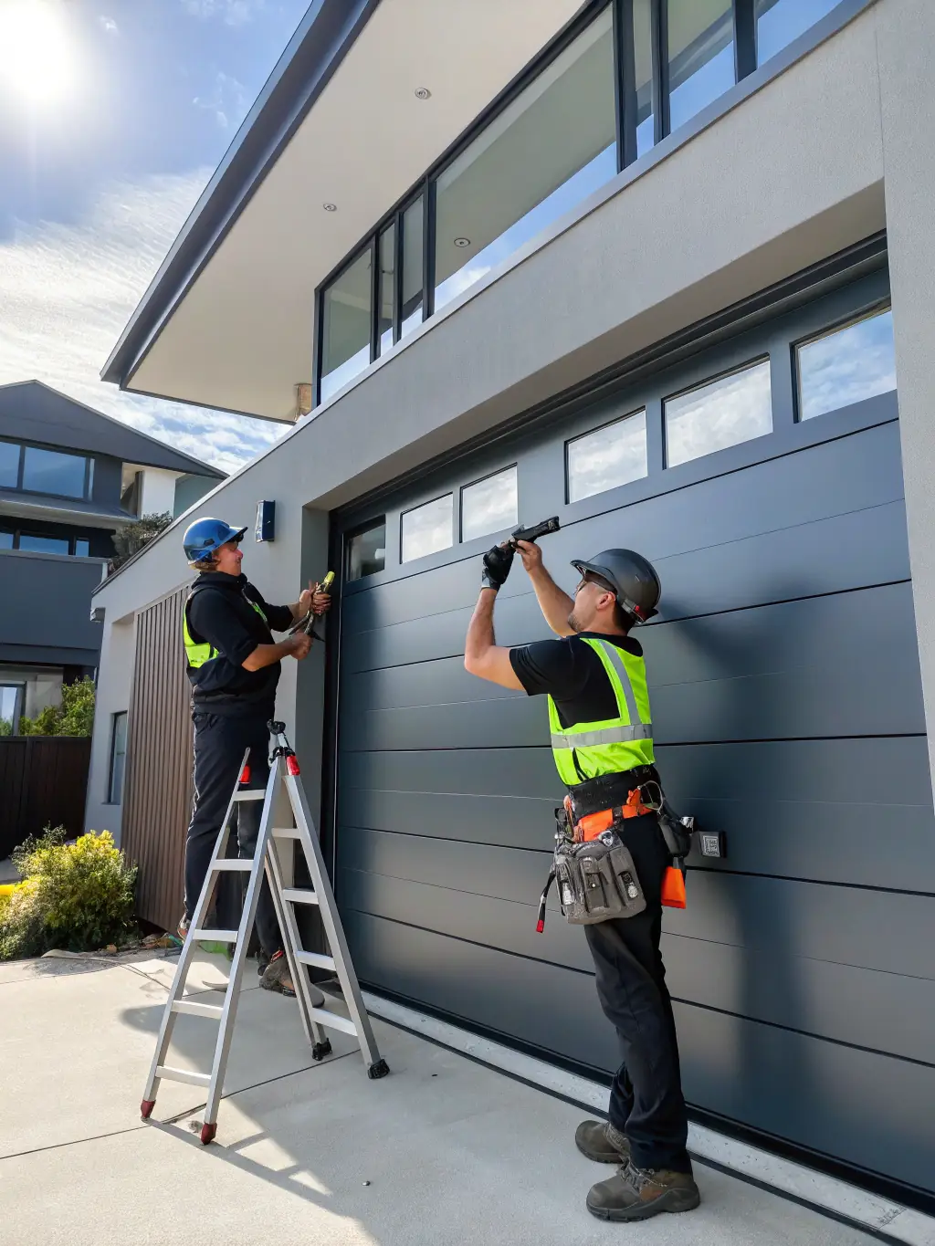 A modern steel garage door being installed by Doorly Garage Doors professionals, emphasizing the clean lines and enhanced curb appeal.