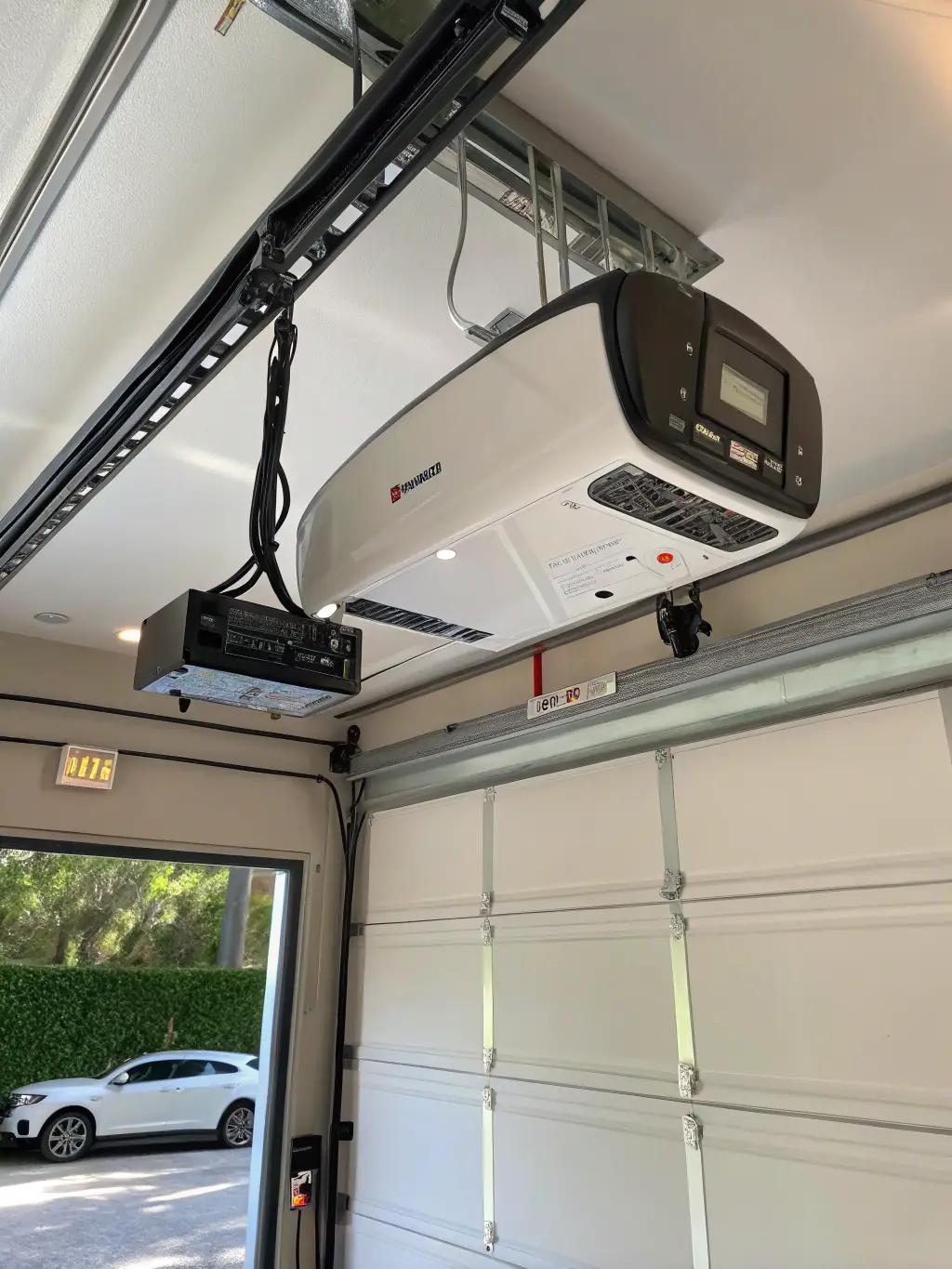 A close-up shot of a smart garage door opener being installed, highlighting its advanced features and connectivity.