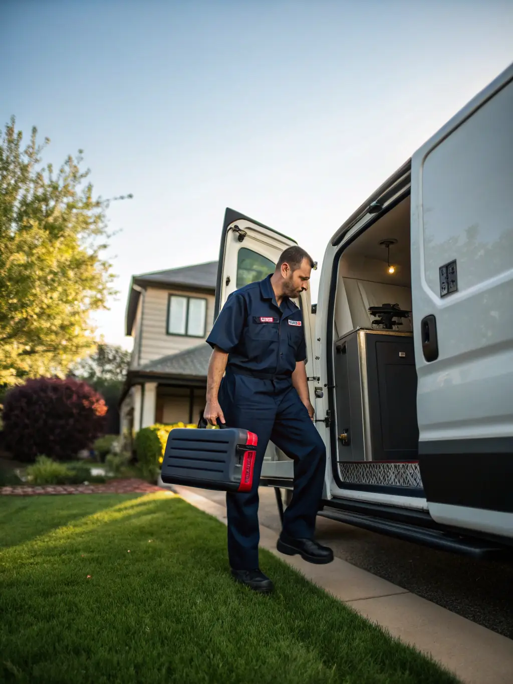 A Doorly Garage Doors service van parked in front of a residential home, with a technician carrying tools towards the garage, symbolizing prompt and reliable service.